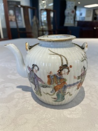 A pair of Chinese blue and white vases, a pair of sancai Buddhist lions, a famille rose ewer and a teapot, 19th C.