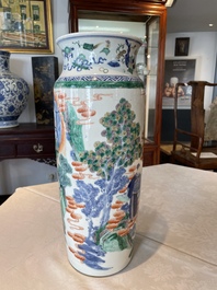 A pair of Chinese famille verte rouleau vases with narrative design, 19th C.