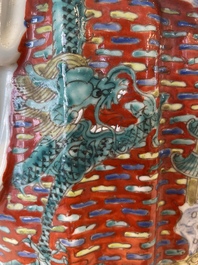 Three Chinese famille rose figures of star gods and a lady, Zhu Mao Ji Zao 朱茂記造 mark, Republic