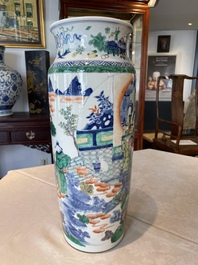 A pair of Chinese famille verte rouleau vases with narrative design, 19th C.