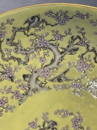 A Chinese yellow-ground famille rose 'magpie and plum tree' plate, Tongzhi mark and of the period