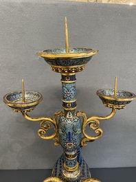 A pair of extremely rare Chinese ram-shaped cloisonn&eacute; candelabra, 18/19th C.