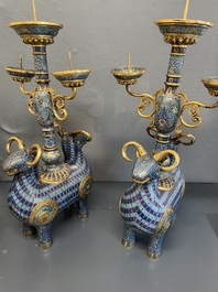 A pair of extremely rare Chinese ram-shaped cloisonn&eacute; candelabra, 18/19th C.