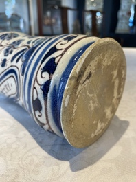 A blue, white and manganese Portuguese faience albarello, 17th C.