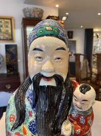 Three Chinese famille rose figures of star gods and a lady, Zhu Mao Ji Zao 朱茂記造 mark, Republic