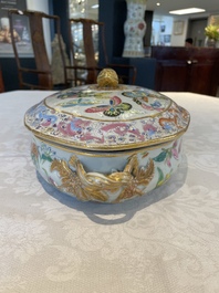 A rare Chinese Canton famille rose '100 butterflies' tureen and cover on stand, 19th C.