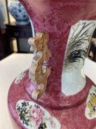 A Chinese ruby-ground famille rose vase, signed Deng Xiaoyu 鄧肖禹, 20th C.