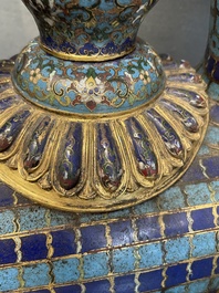 A pair of extremely rare Chinese ram-shaped cloisonn&eacute; candelabra, 18/19th C.
