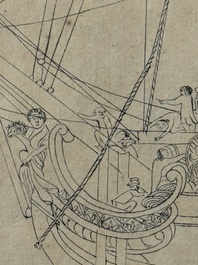 Two Japanese ink drawings of French warship structure diagrams, 19th C.