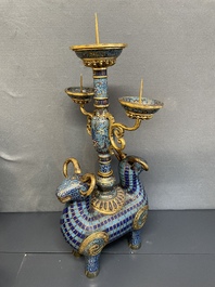 A pair of extremely rare Chinese ram-shaped cloisonn&eacute; candelabra, 18/19th C.