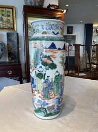 A pair of Chinese famille verte rouleau vases with narrative design, 19th C.