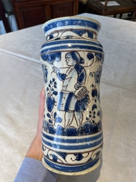 A blue, white and manganese Portuguese faience albarello, 17th C.