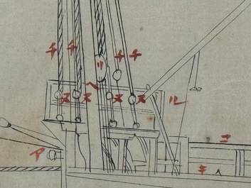 Two Japanese ink drawings of French warship structure diagrams, 19th C.