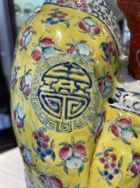 Three Chinese famille rose figures of star gods and a lady, Zhu Mao Ji Zao 朱茂記造 mark, Republic