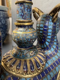 A pair of extremely rare Chinese ram-shaped cloisonn&eacute; candelabra, 18/19th C.