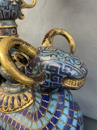 A pair of extremely rare Chinese ram-shaped cloisonn&eacute; candelabra, 18/19th C.