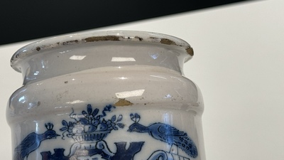 Three blue and white Dutch Delft albarelli, 18th C.