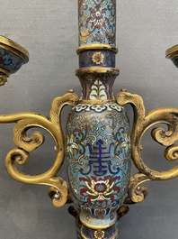 A pair of extremely rare Chinese ram-shaped cloisonn&eacute; candelabra, 18/19th C.