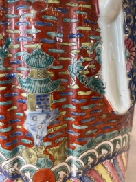 Three Chinese famille rose figures of star gods and a lady, Zhu Mao Ji Zao 朱茂記造 mark, Republic