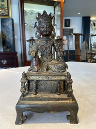 A Chinese bronze Bodhisattva on stand, Yongle mark, dated 1422