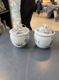 A Chinese famille verte vase, two famille rose jars and three covered jars, 19th C.