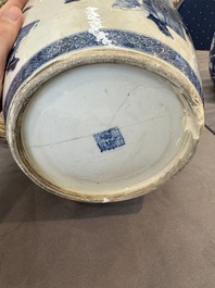 A Chinese blue and white 'dragon' vase, one jar mounted as lamp, two jars and a plate, Chenghua mark, 19th C.