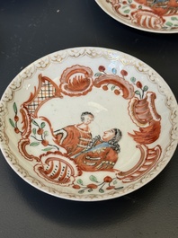 Six Japanese Dutch-decorated or Amsterdams bont 'William and Mary' cups and saucers, Edo, 18th C.
