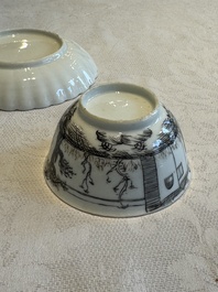 Two Chinese export grisaille cups and saucers and a plate, Qianlong