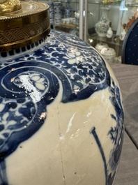 A Chinese blue and white 'dragon' vase, one jar mounted as lamp, two jars and a plate, Chenghua mark, 19th C.