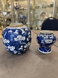 A Chinese blue and white 'dragon' vase, one jar mounted as lamp, two jars and a plate, Chenghua mark, 19th C.