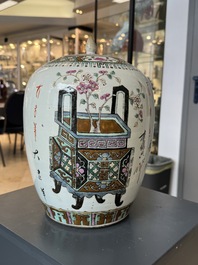 A Chinese famille verte vase, two famille rose jars and three covered jars, 19th C.