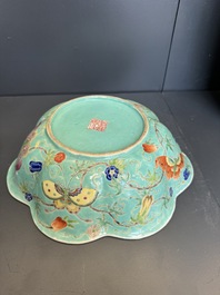A set of 14 Chinese turquoise-ground famille rose dinner service, Qianglong mark, 19th C.