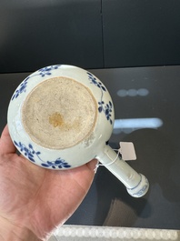 A Chinese porcelain spittoon, two walking stick knobs, five knife handles, Kangxi/Qianlong