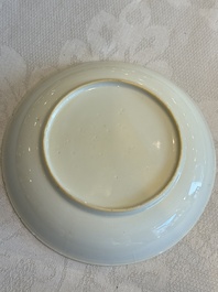 Two Chinese export grisaille cups and saucers and a plate, Qianlong