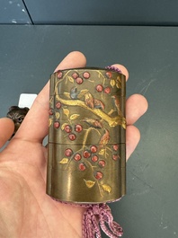 A Japanese lacquerware inro with a bird-shaped netsuke, a wooden 'fox' mask and a silver box, Chang Jia Zhai 常嘉斋 mark, 19th C.