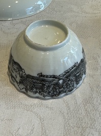 Two Chinese export grisaille cups and saucers and a plate, Qianlong