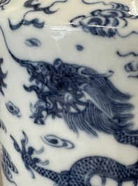 A Chinese blue and white 'dragon' vase, one jar mounted as lamp, two jars and a plate, Chenghua mark, 19th C.