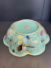 A set of 14 Chinese turquoise-ground famille rose dinner service, Qianglong mark, 19th C.