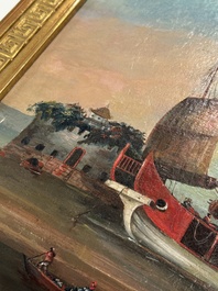 Canton school: 'A merchant vessel in front of the folly fort', oil on canvas, China, 18th C.