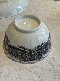 Two Chinese export grisaille cups and saucers and a plate, Qianlong