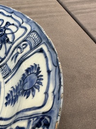 A Chinese blue and white kraak porcelain dish with birds among blossoming branches, Wanli