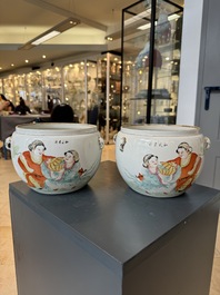 A Chinese famille verte vase, two famille rose jars and three covered jars, 19th C.