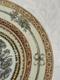 Two Chinese export grisaille cups and saucers and a plate, Qianlong