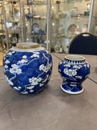 A Chinese blue and white 'dragon' vase, one jar mounted as lamp, two jars and a plate, Chenghua mark, 19th C.