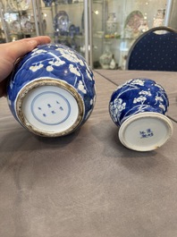 A Chinese blue and white 'dragon' vase, one jar mounted as lamp, two jars and a plate, Chenghua mark, 19th C.