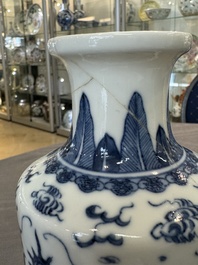 A Chinese blue and white 'dragon' vase, one jar mounted as lamp, two jars and a plate, Chenghua mark, 19th C.