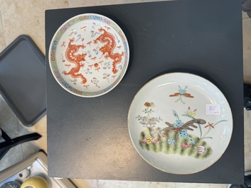 A varied collection of thirteen pieces Chinese famille rose and verte porcelain, 19th C.