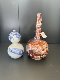 A Japanese blue and white gourd vase, an Imari bottle vase and a set of five Satsuma cups, 19th C.