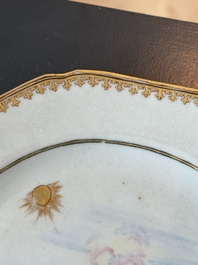A Chinese export famille rose 'Building of the Temple of Solomon' plate, Qianlong, ca. 1760