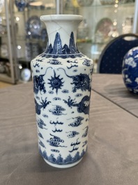 A Chinese blue and white 'dragon' vase, one jar mounted as lamp, two jars and a plate, Chenghua mark, 19th C.